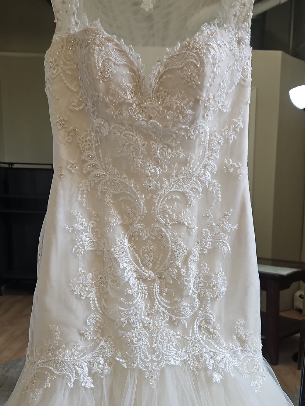 Size 10 light/dark ivory cap sleeve sparkly lace mermaid bridal gown NWOT - Picture 7 of 16